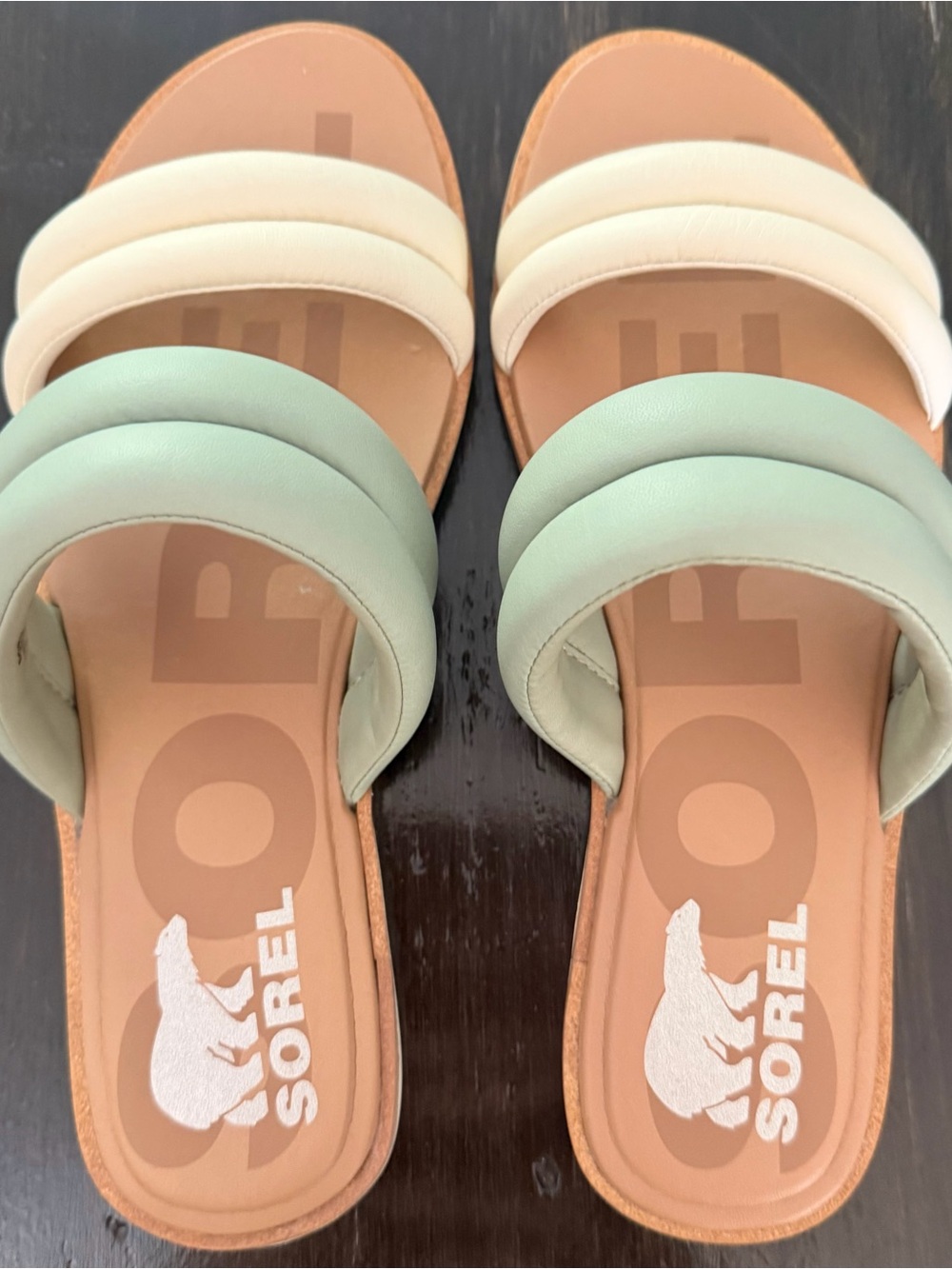 Sorel Women's Padded Slide Sandals in Mint and Cream